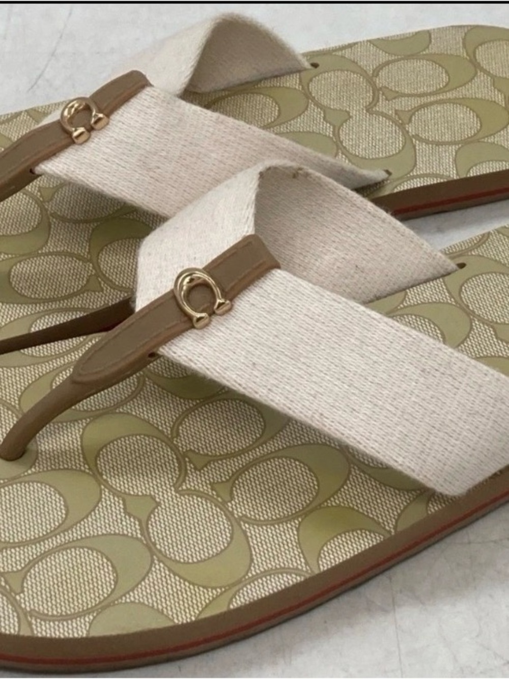 Coach Women's Beige Canvas Strap Sandals with Gold Hardware